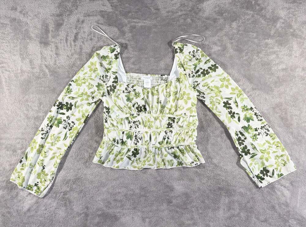 Kirious Los Angeles Green Floral Mesh Long Sleeve Smocked Peplum Top, M